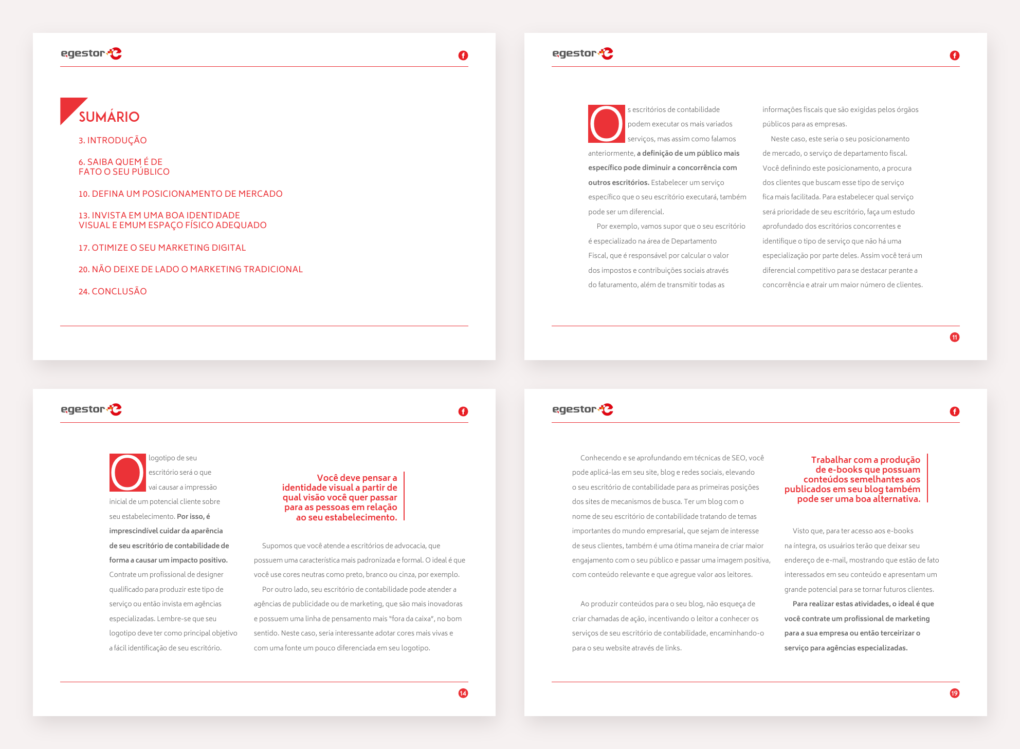 Quatro páginas do e-book Como conquistar mais clientes para o meu escritório de contabilidade: o sumário, o posicionamento de mercado, a identidade visual e as dicas de SEO e blog