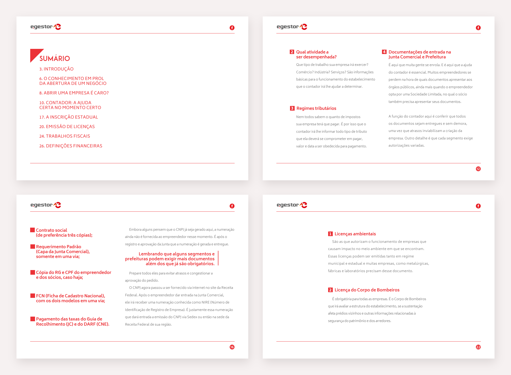 Quatro páginas do Manual de como abrir uma empresa: o sumário, a atividade da empresa e os regimes tributários, os documentos para a Junta Comercial e as licenças ambiental e do Corpo de Bombeiros