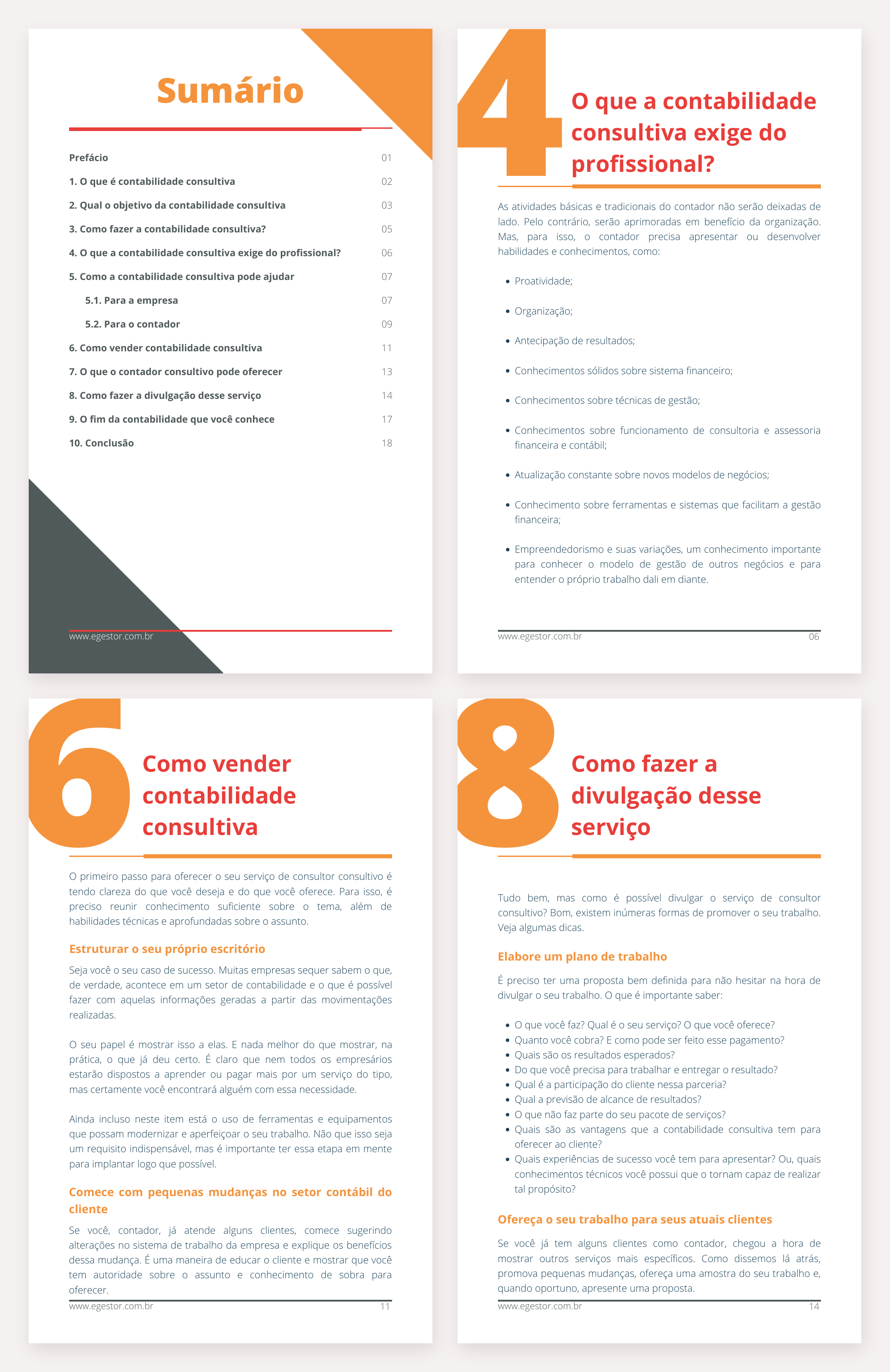 Quatro páginas do e-book Como vender Contabilidade Consultiva: o sumário, o que a consultiva exige do profissional, como vender o serviço e como fazer a divulgação