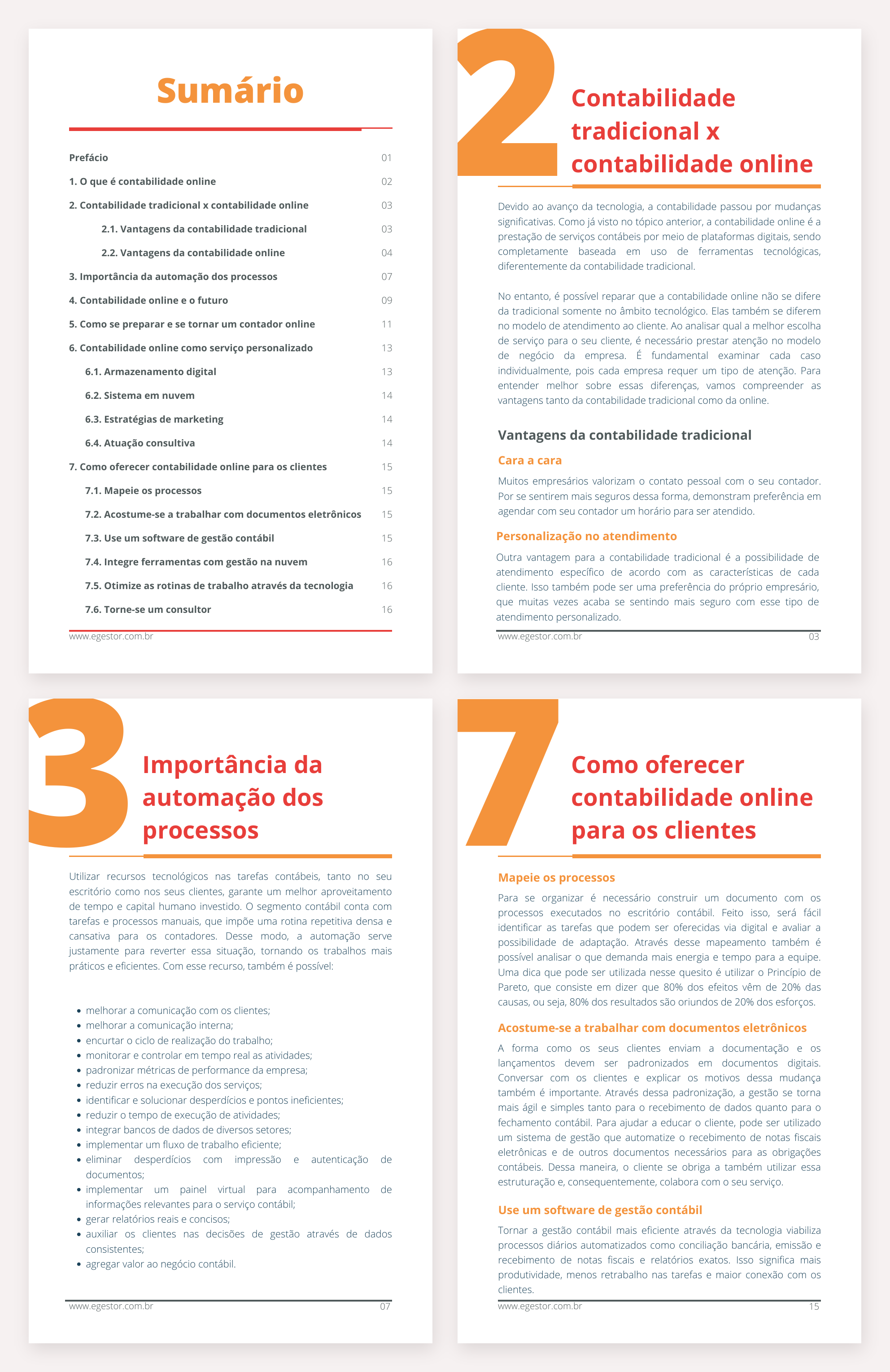 Quatro páginas do e-book Contabilidade Online: o sumário, a comparação entre contabilidade tradicional e online, a lista de ganhos da automação e os passos para oferecer contabilidade online