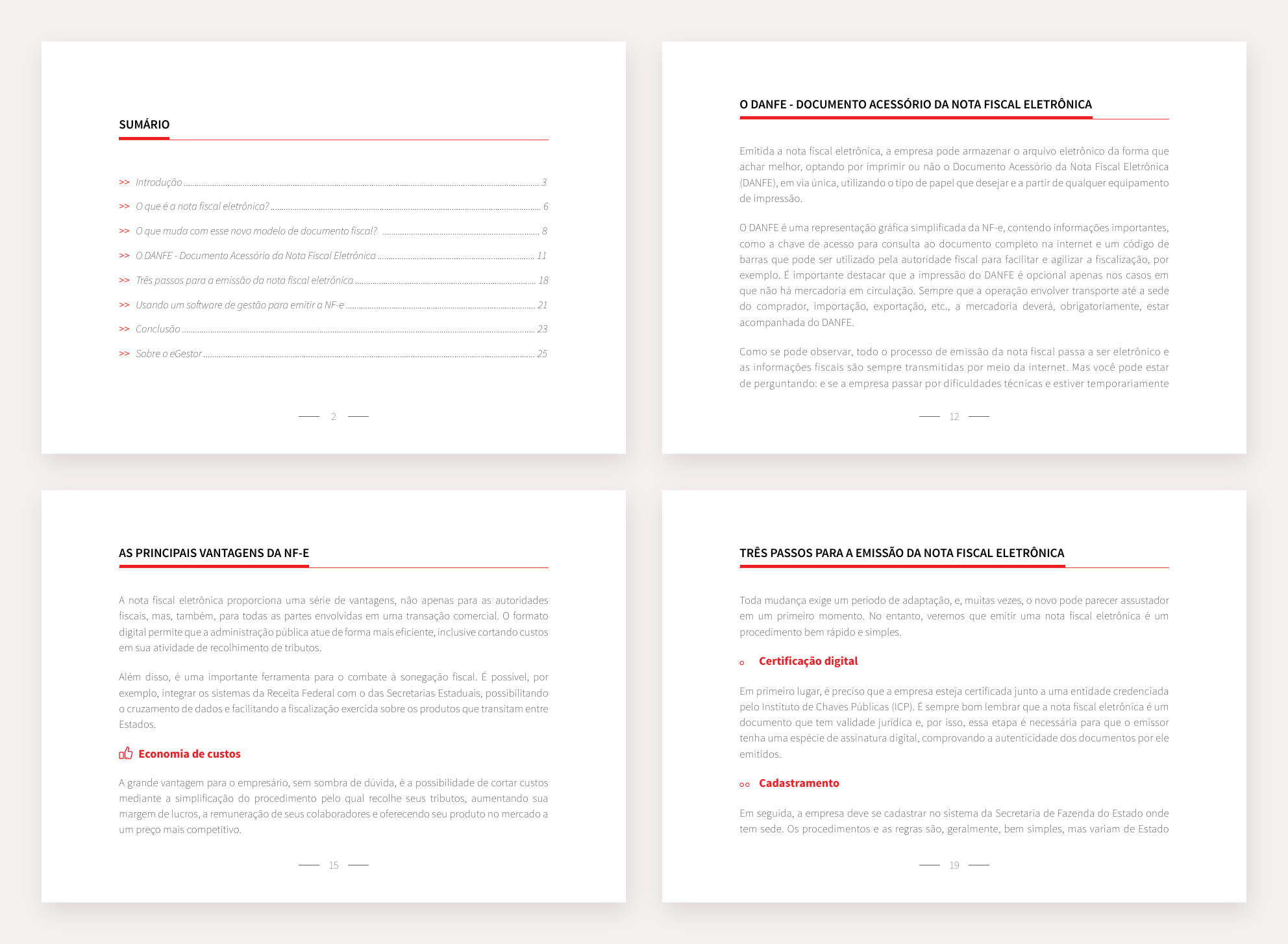 Quatro páginas do Guia para Emissão de Notas Fiscais Eletrônicas: o sumário, o DANFE, as vantagens da NF-e e os três passos para a emissão