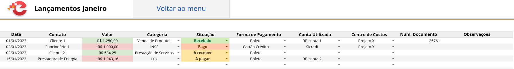 Captura de tela da Planilha financeira de controle financeiro do egestor