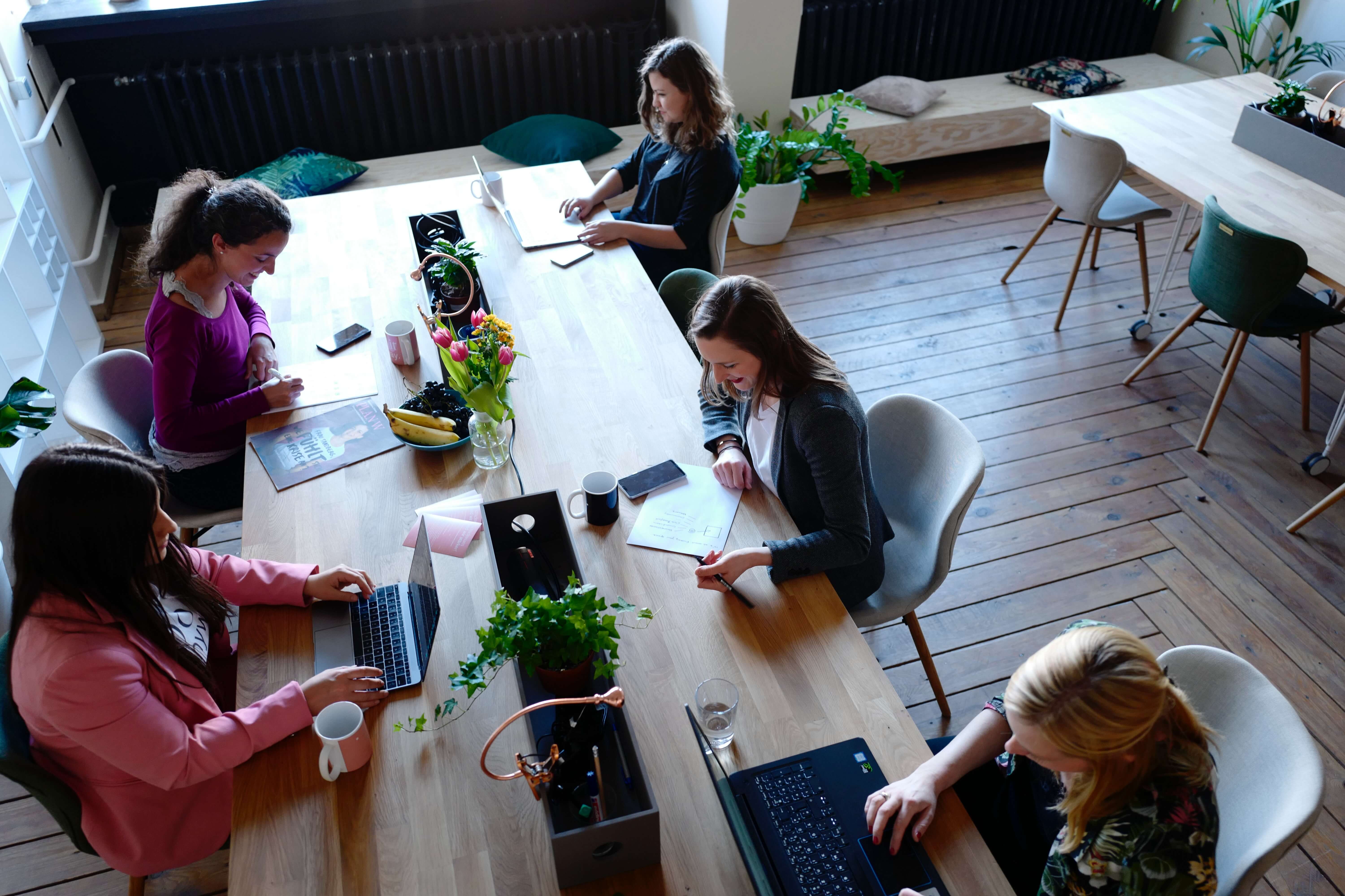 Ambiente colaborativo, onde cinco pessoas estão sentadas em volta de uma mesa de madeira clara. Elas trabalham juntas em um espaço iluminado e aconchegante, rodeado por plantas internas e decoração moderna.