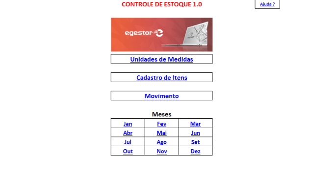 Imagem 1 - Menu da planilha do controle de estoque Excel do eGestor.