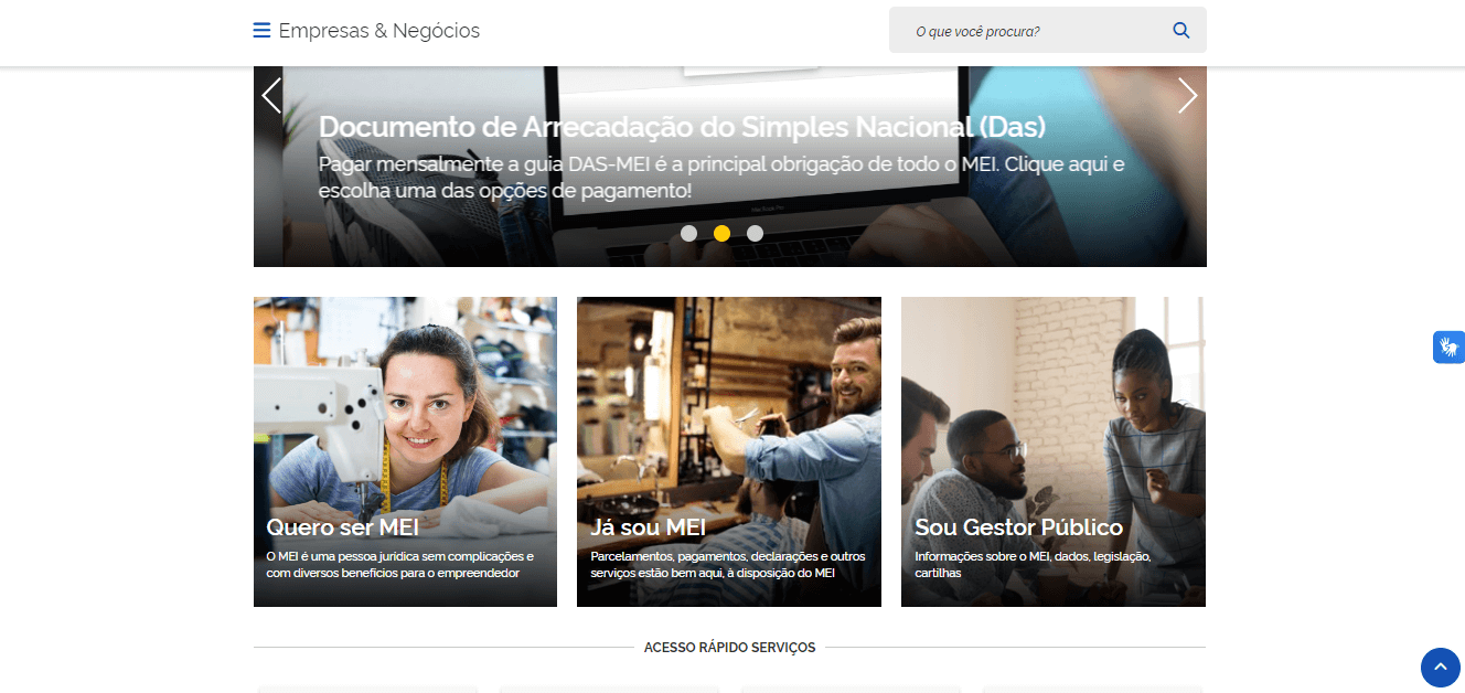 Captura de tela do Portal do Empreendedor. O site apresenta uma barra de navegação no topo com várias opções, e abaixo disso, há três seções com imagens e texto. Cada seção parece direcionada a diferentes grupos de usuários: indivíduos que desejam se tornar microempreendedores (“Quero ser MEI”), aqueles que já são microempreendedores (“Já sou MEI”) e profissionais do setor público (“Sou Gestor Público”).
