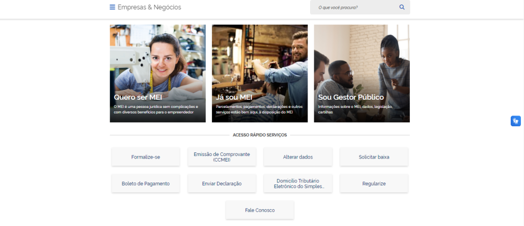 A imagem mostra o Portal do Empreendedor. Há três seções principais, a primeira seção está escrito “Quero SER MEI”, para quem quer abrir um MEI. A segunda seção tem o título “Já SOU MEI”. A terceira seção tem o rótulo “Sou Gestor Público”. Abaixo dessas seções, há links para vários serviços relacionados ao tema ‘MEI’ (Microempreendedor Individual), como emissão e acesso a notas fiscais, geração de boletos de pagamento e outras tarefas administrativas, como consultar dívidas ou solicitar regularização.