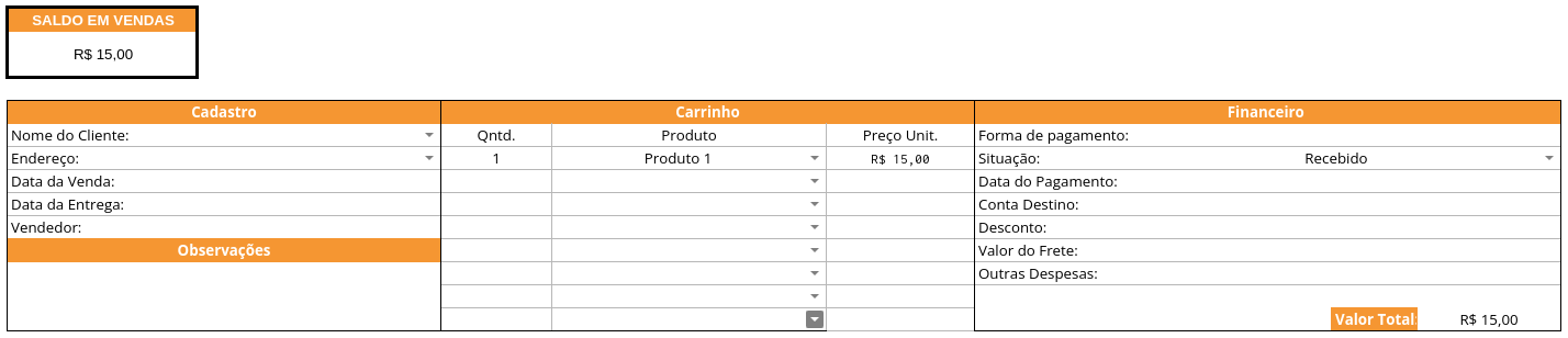 Exemplo de planilha de frente de caixa