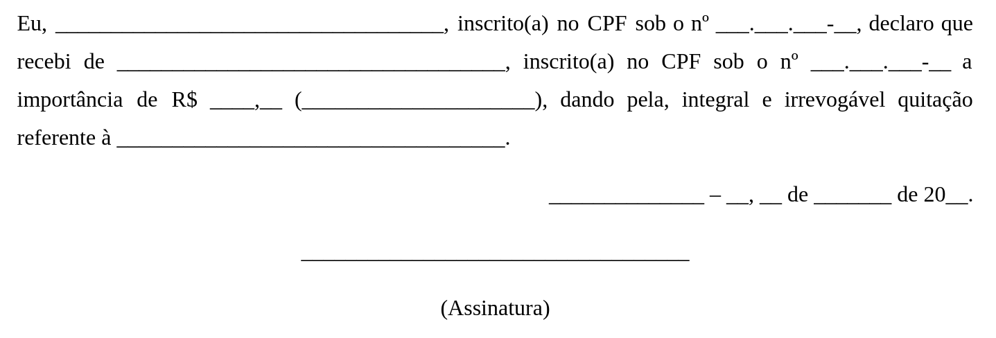 modelo de recibo de quitação de dívida