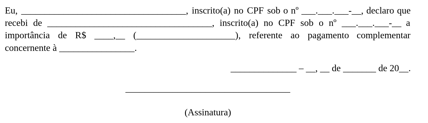 Modelo de recibo de pagamento complementar