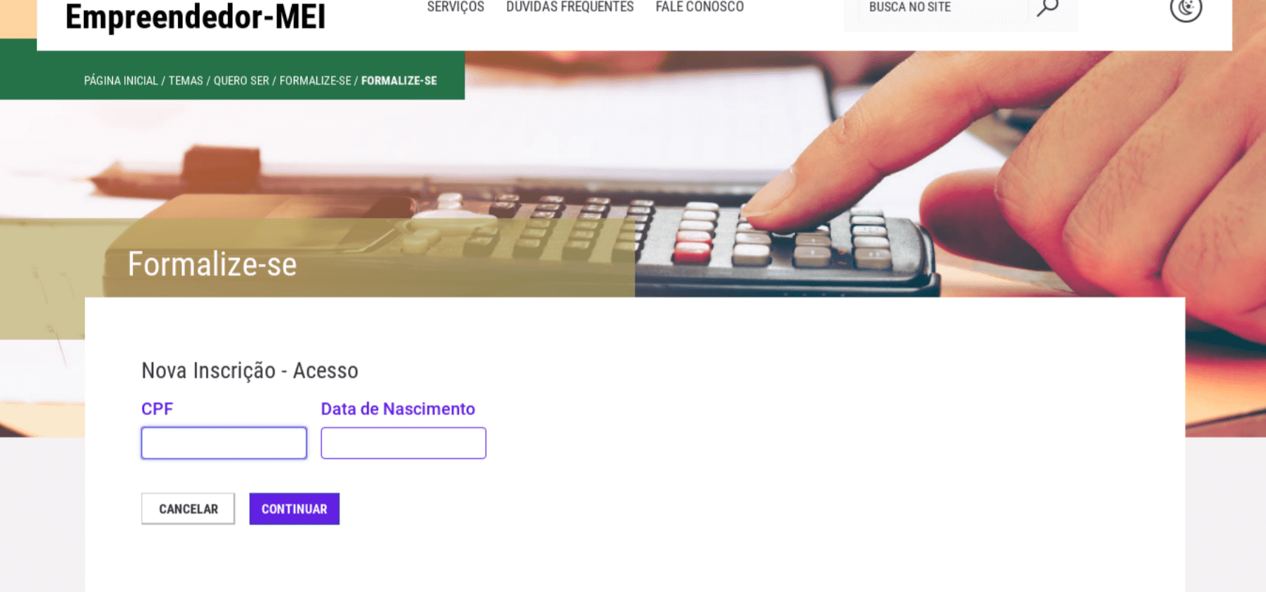 Imagem 3 - Área de cadastro de CPF e data de nascimento do cadastro de MEI