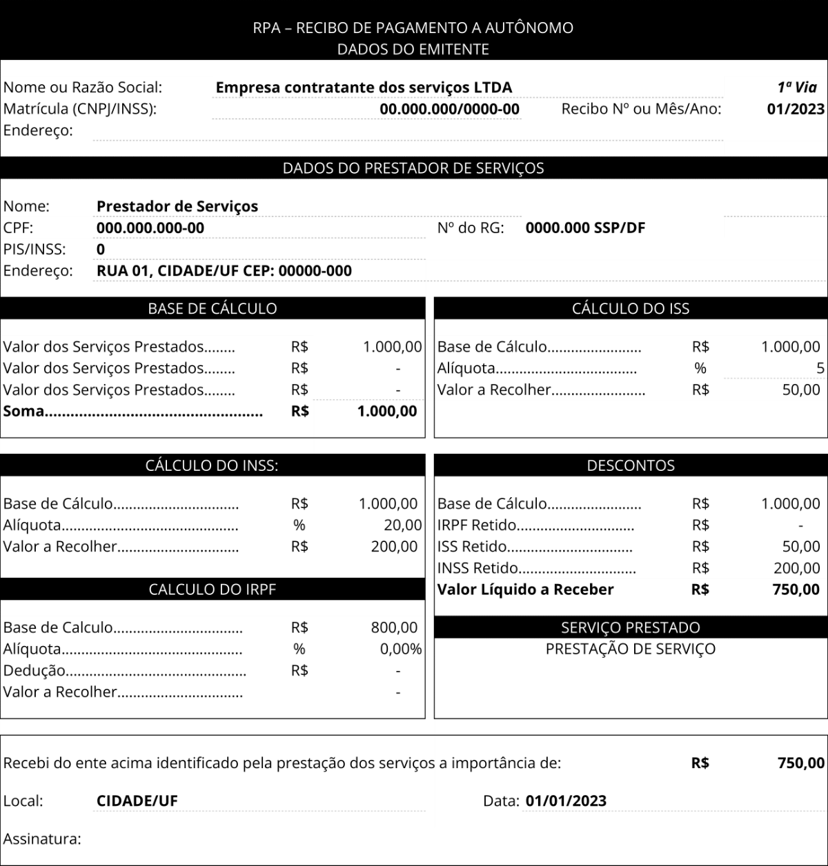 Modelo de Recibo de Pagamento Autônomo - RPA
