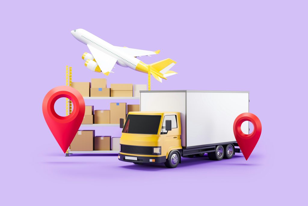 Ilustração de caminhão de carga, caixas, avião e pinos de localização representando o transporte de mercadorias