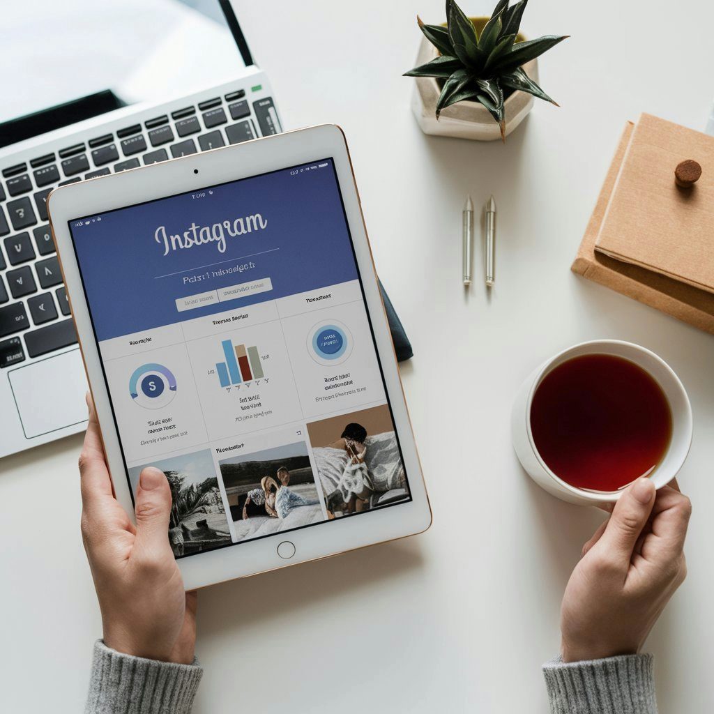 Tablet exibindo resultados do perfil do Instagram comercial sobre uma mesa de trabalho, após a aplicação das estratégias apresentadas