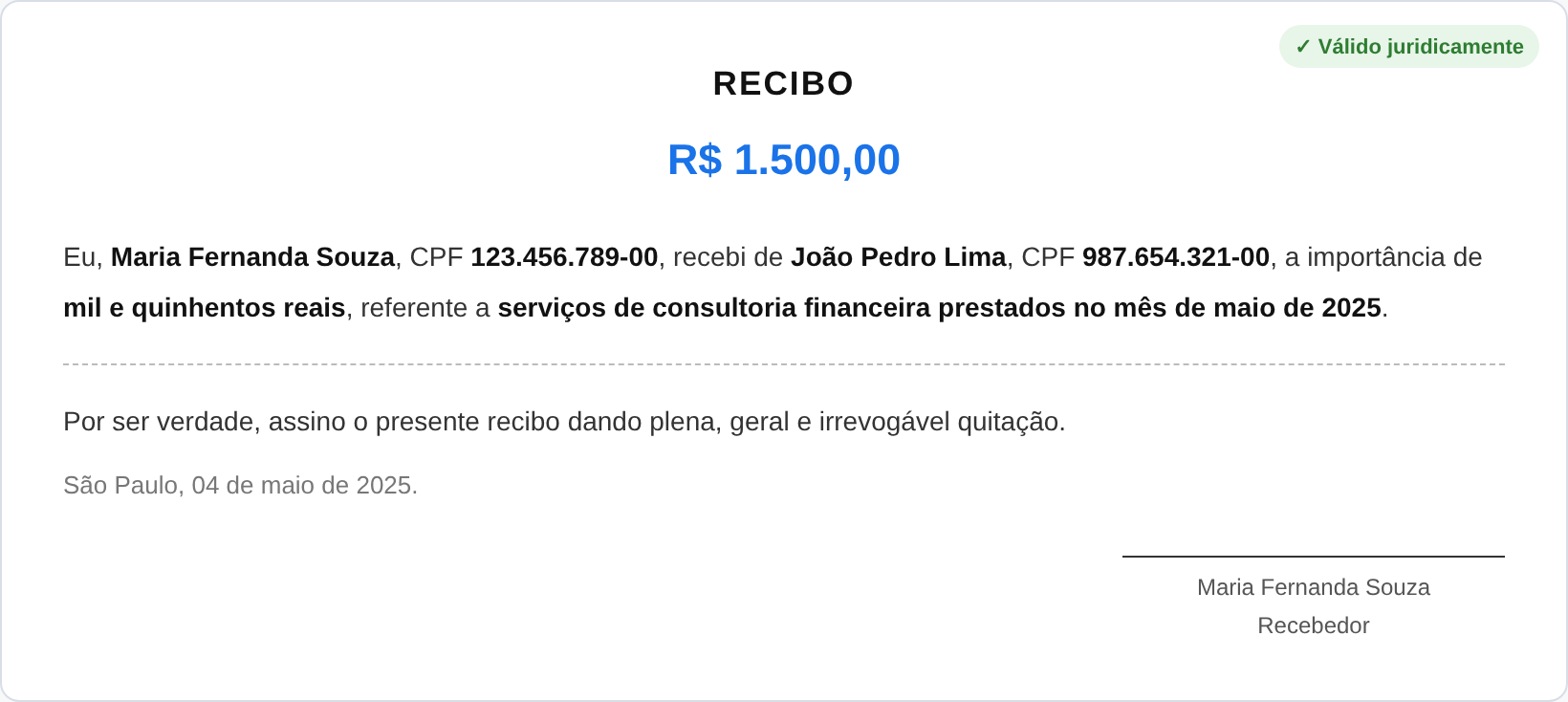 Modelo de recibo simples preenchido